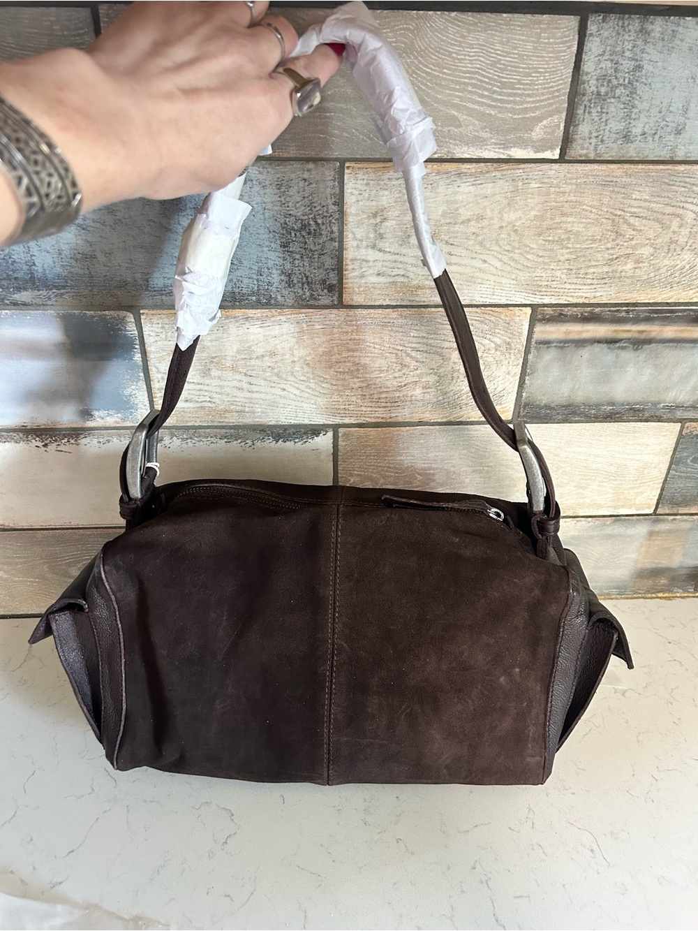 NWT Free People Suede Boxy Shoulder Bag in Espresso With Included Charm - Picture 7 of 16